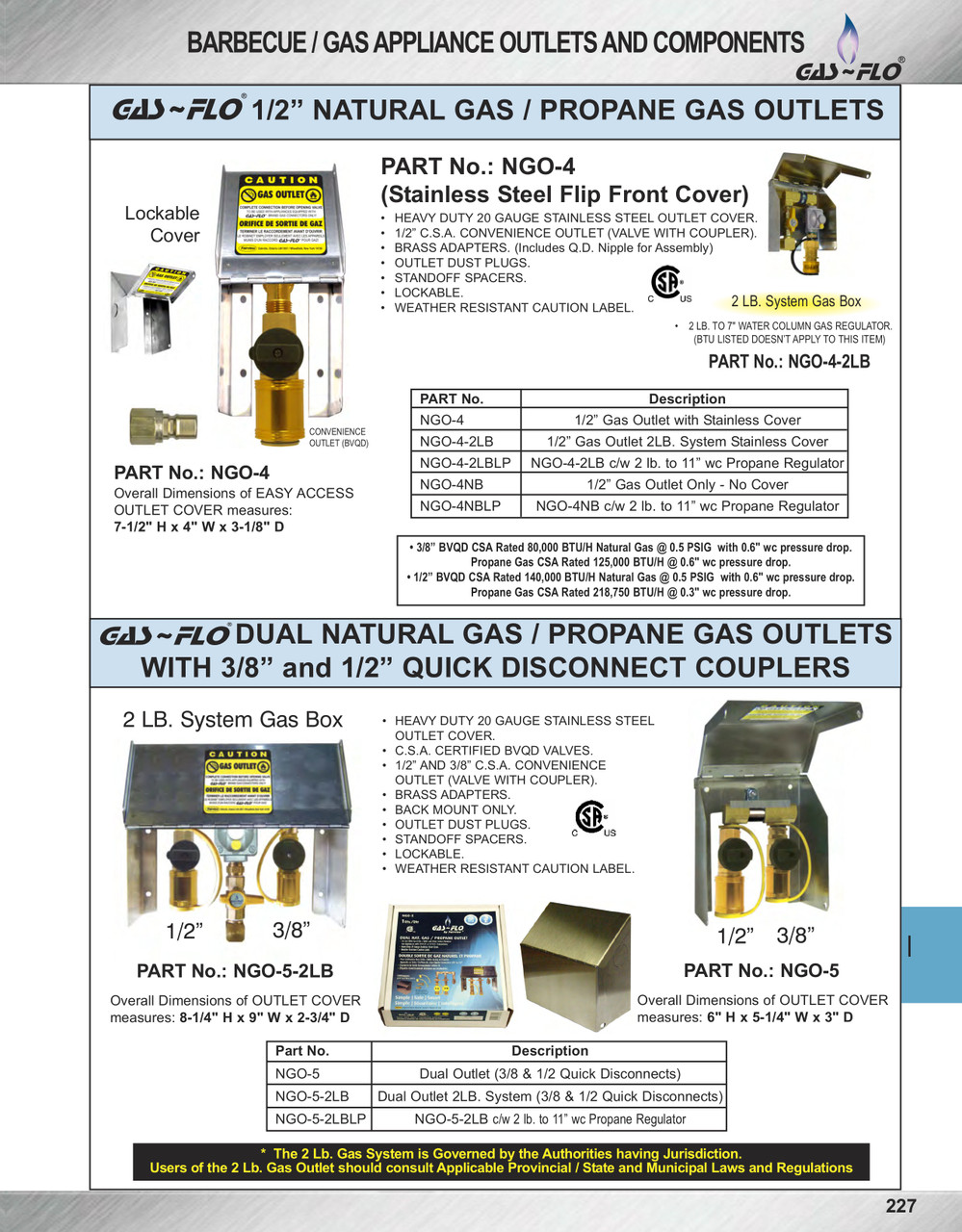 3/8 x 1/2" GAS-FLO® Stainless Steel Natural Gas/Propane Dual Outlet Box w/QDC  NGO-5-2LB