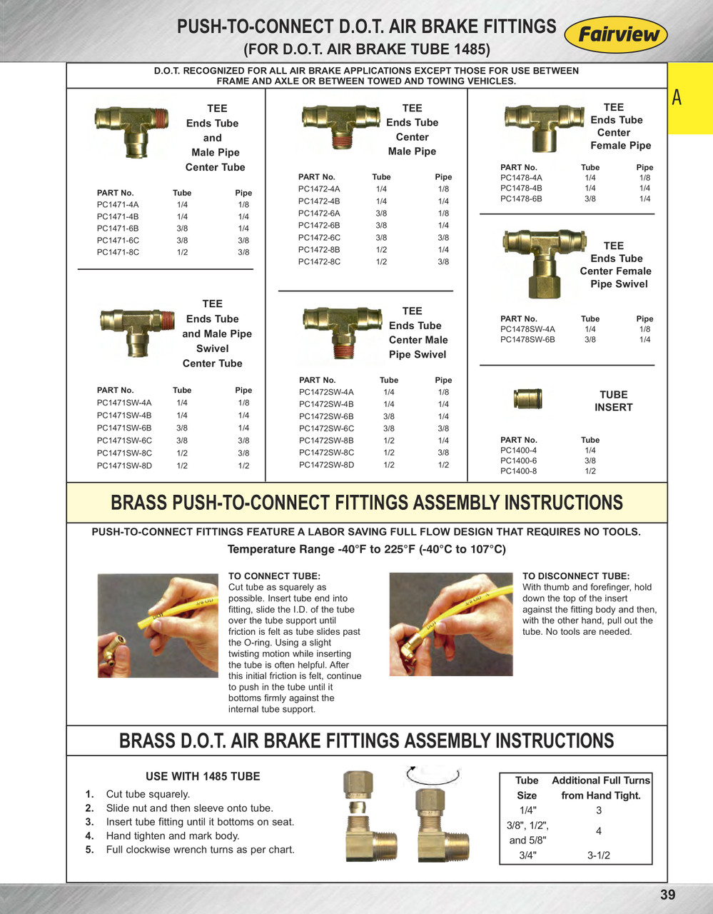 3/8 x 3/8 x 1/4" Brass DOT Push-To-Connect - Push-To-Connect - Male NPT Swivel Tee  PC1472SW-6B