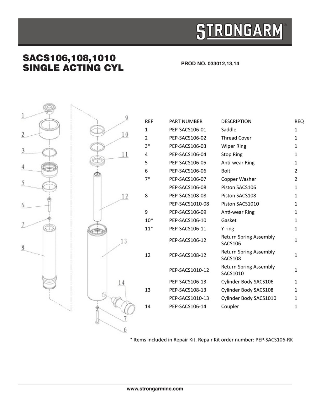 8" Stroke 10 Metric Ton Single Acting Cylinder  033013