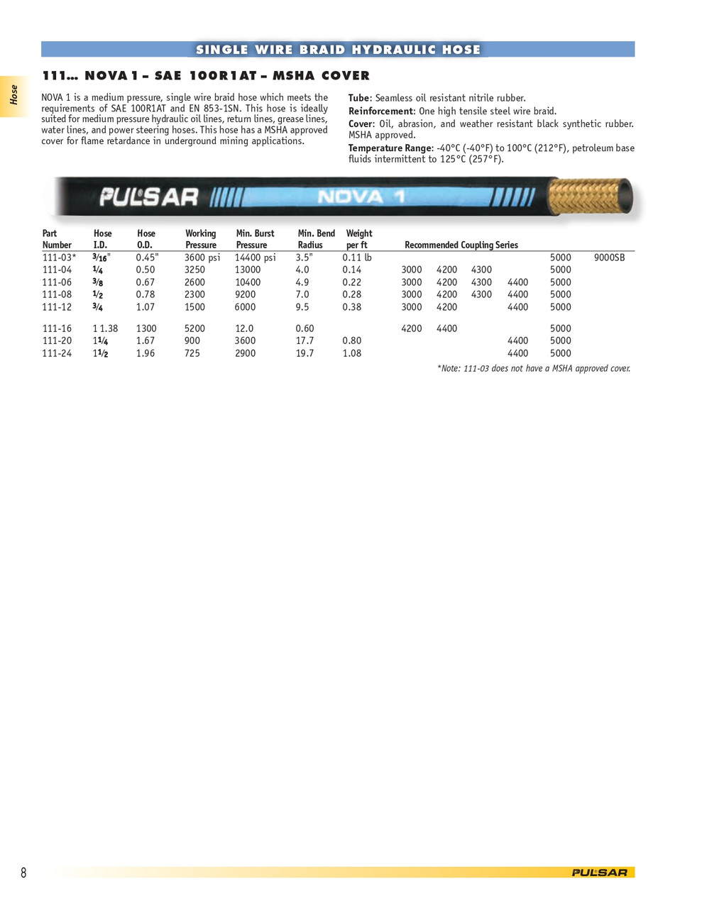 1" NOVA 1 1300 PSI 100R1AT One Wire Hydraulic Hose  111-16