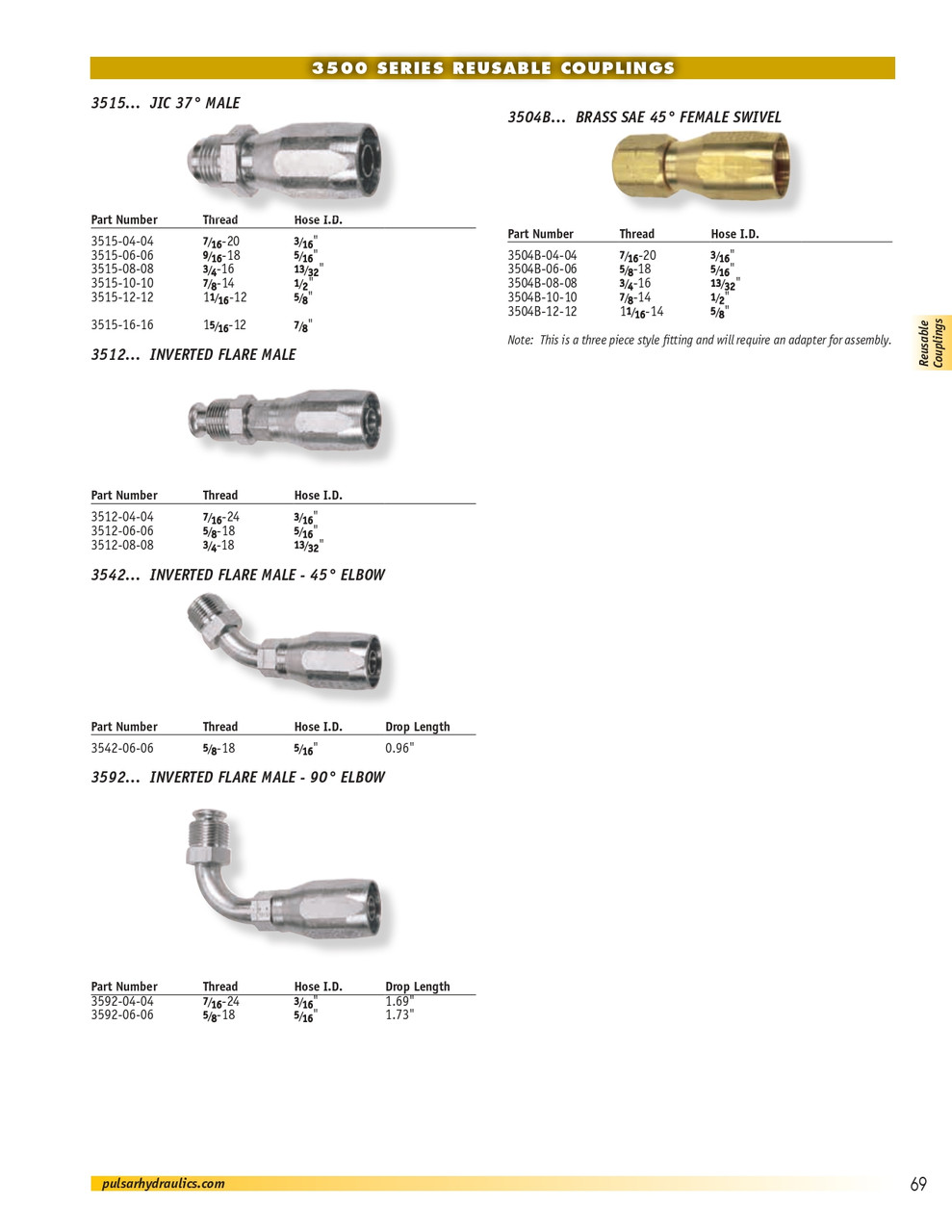 5/8 x 3/4" Pulsar Brass 3500 Series Reusable Hose End - Female 45° SAE Swivel  3504B-12-12