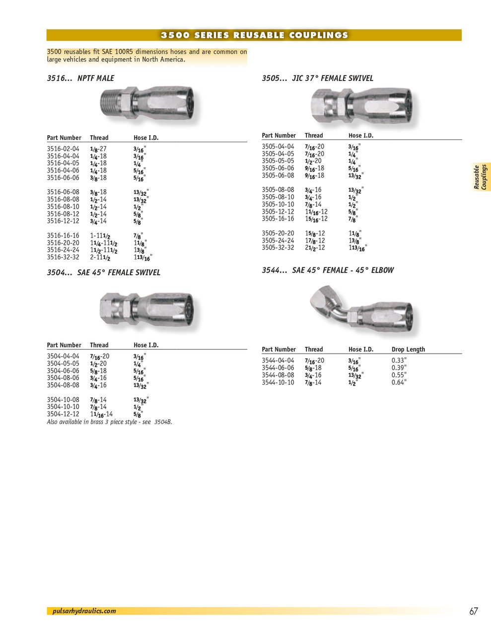 5/16 x 3/8" Pulsar 3500 Series Reusable Hose End - Female 45° SAE Swivel 45° Elbow  3544-06-06