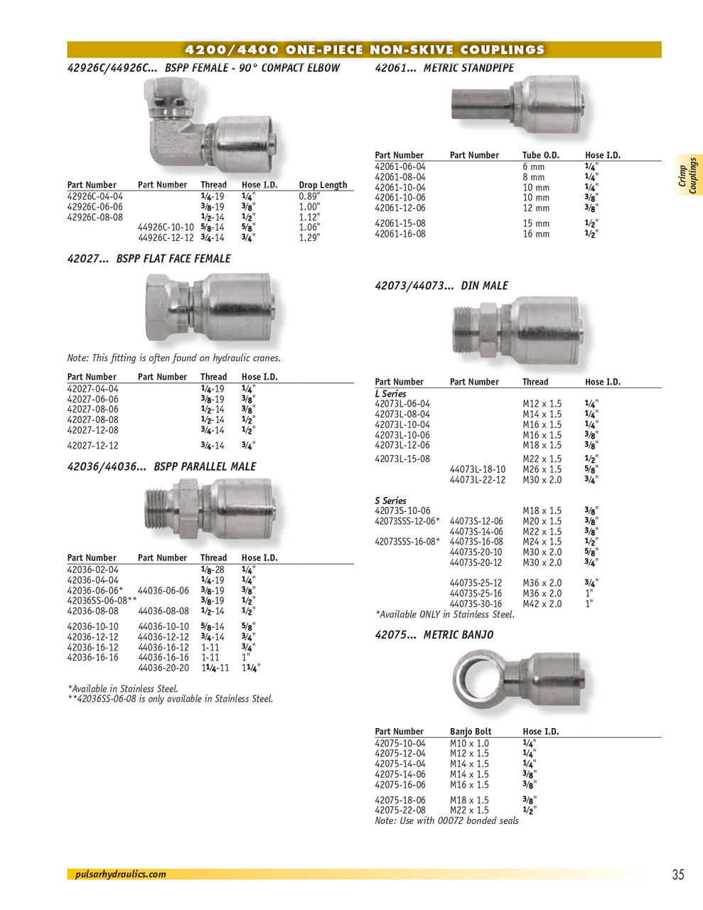 1/4 x 1/4" Pulsar 4200 Series Hose Crimp - Compact Female BSPP Swivel 90° Elbow  42926C-04-04