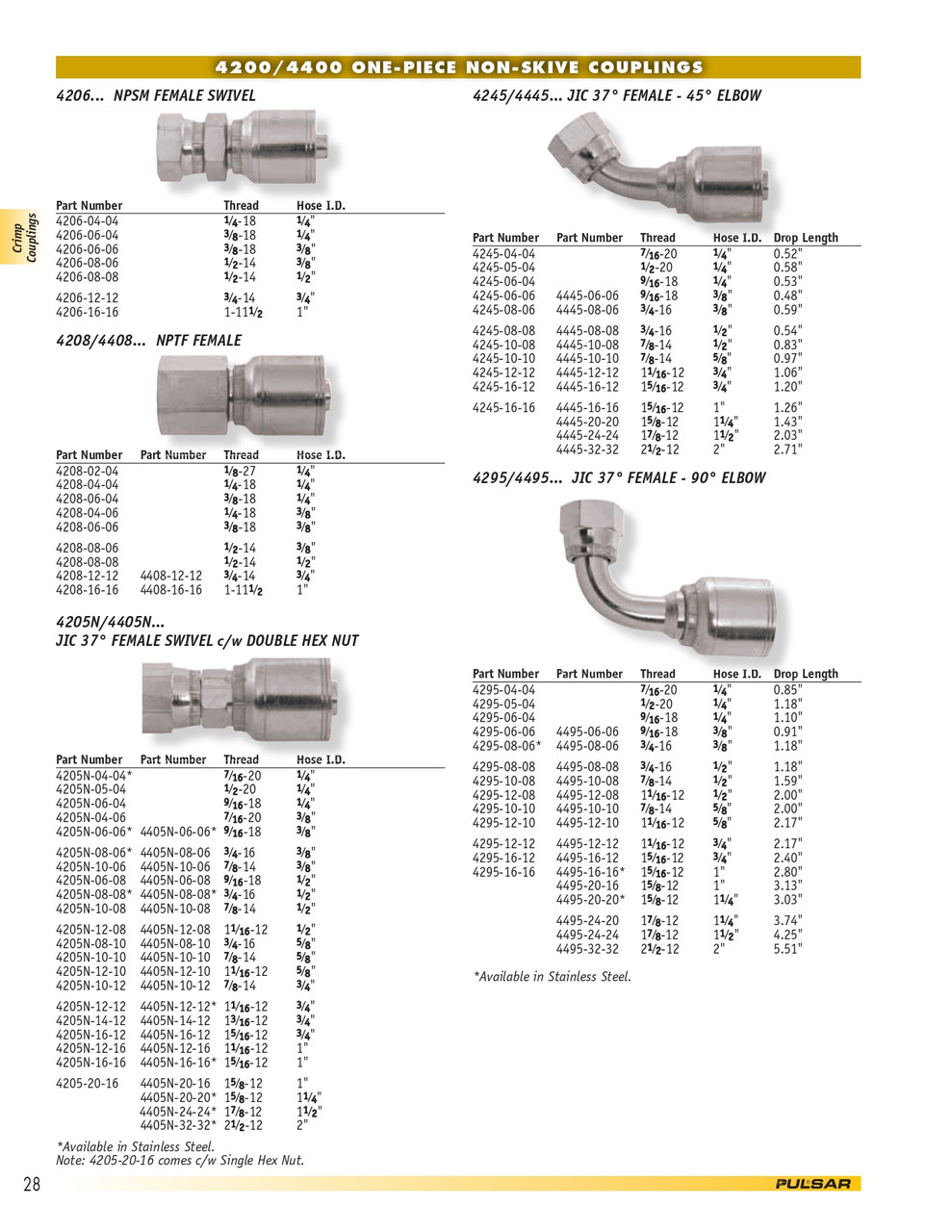 1 x 1" Pulsar 4200 Series Hose Crimp - Female 37° JIC Swivel 90° Elbow  4295-16-16