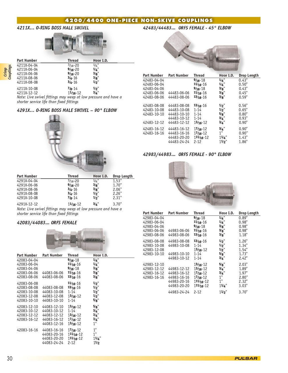 1/2 x 1"-14 Pulsar 4400 Series Hose Crimp - Female ORFS Swivel 45° Elbow  44483-10-08