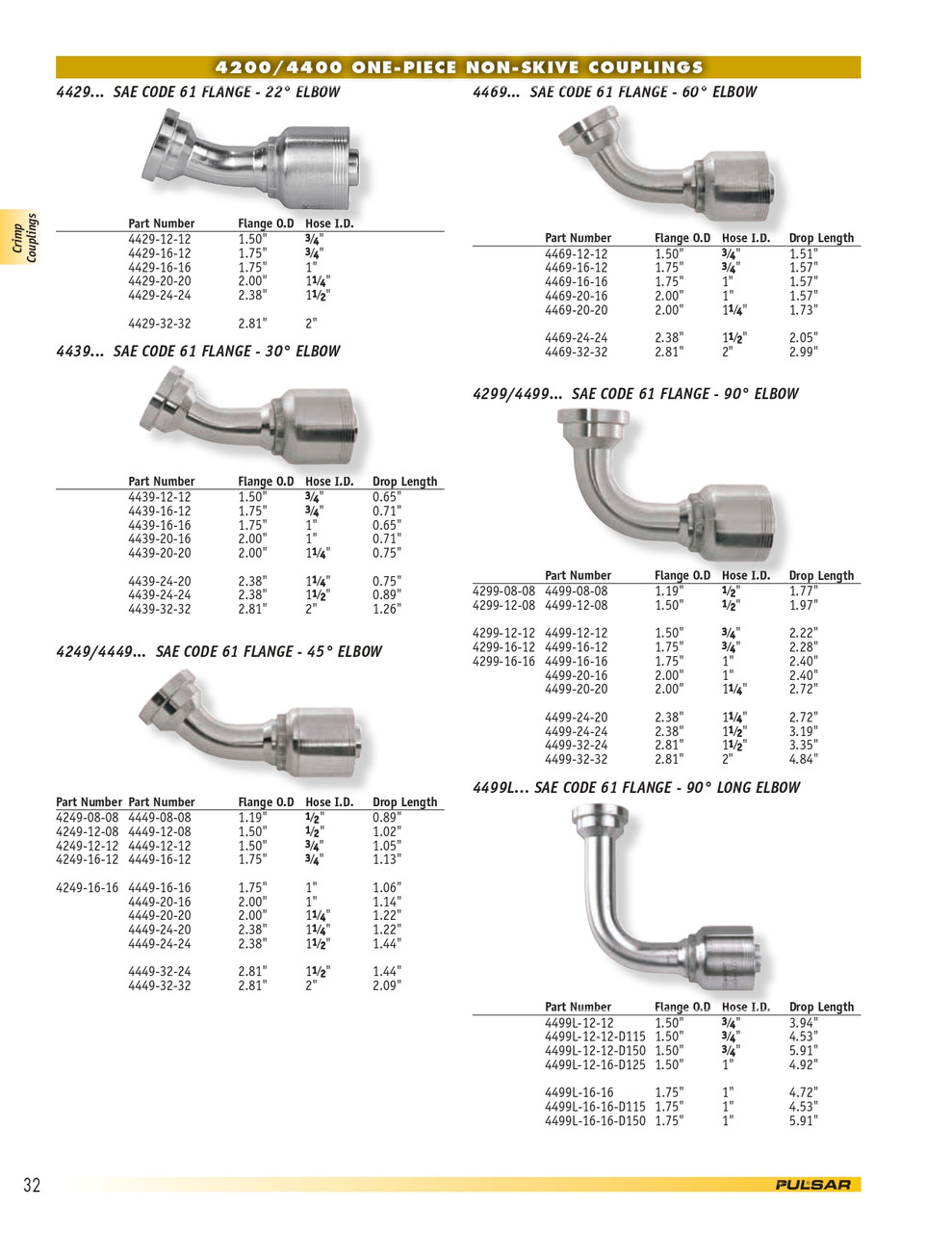 1-1/2 x 1-1/2" (2.38" Flange) Pulsar 4400 Series Hose Crimp - Code 61 Flange 90° Elbow  4499-24-24