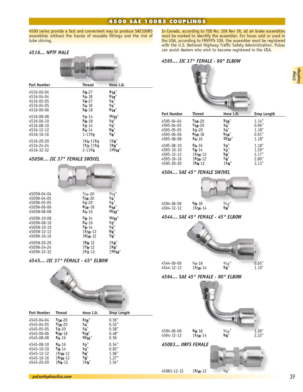 7/8 x 1" Pulsar 4500 Series Hose Crimp - Female 37° JIC Swivel 45° Elbow  4545-16-16