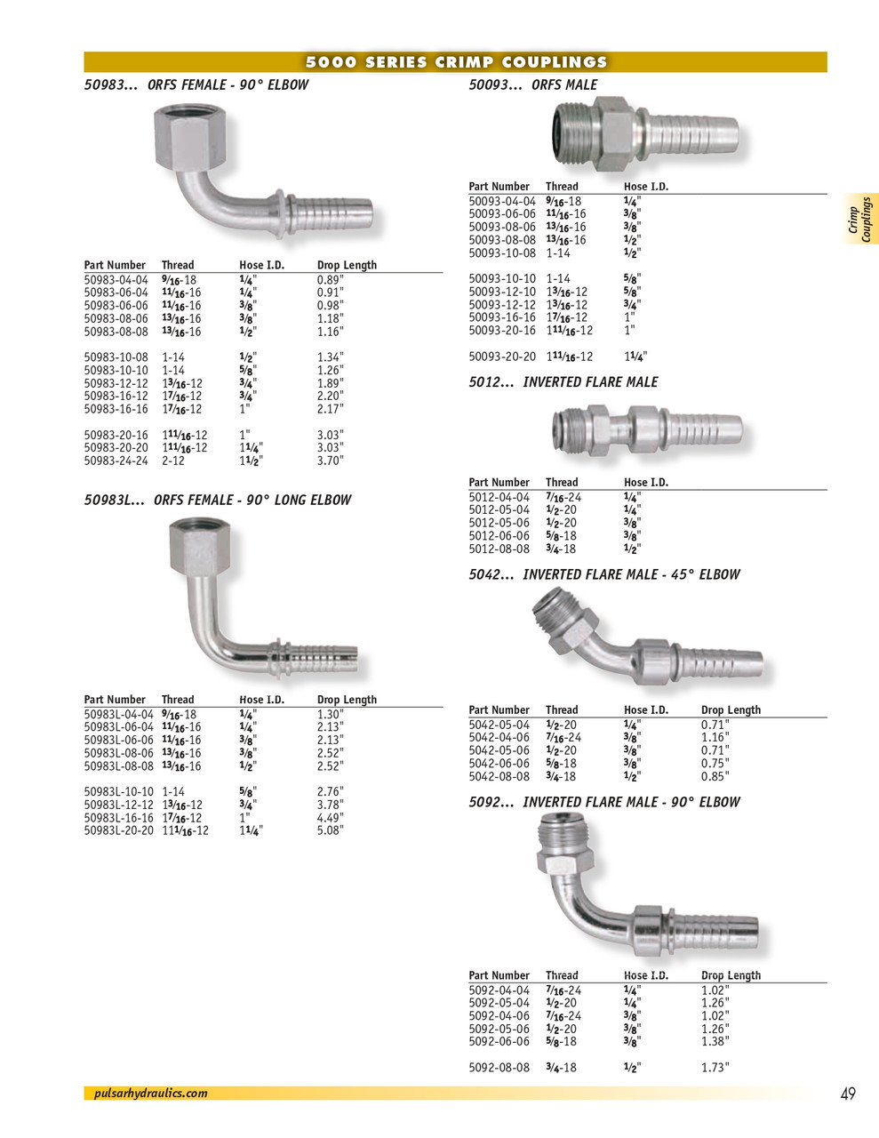 1/4 x 1/2"-20 Pulsar 5000 Series Hose Barb - Male 45° Inverted Flare 45° Elbow  5042-05-04