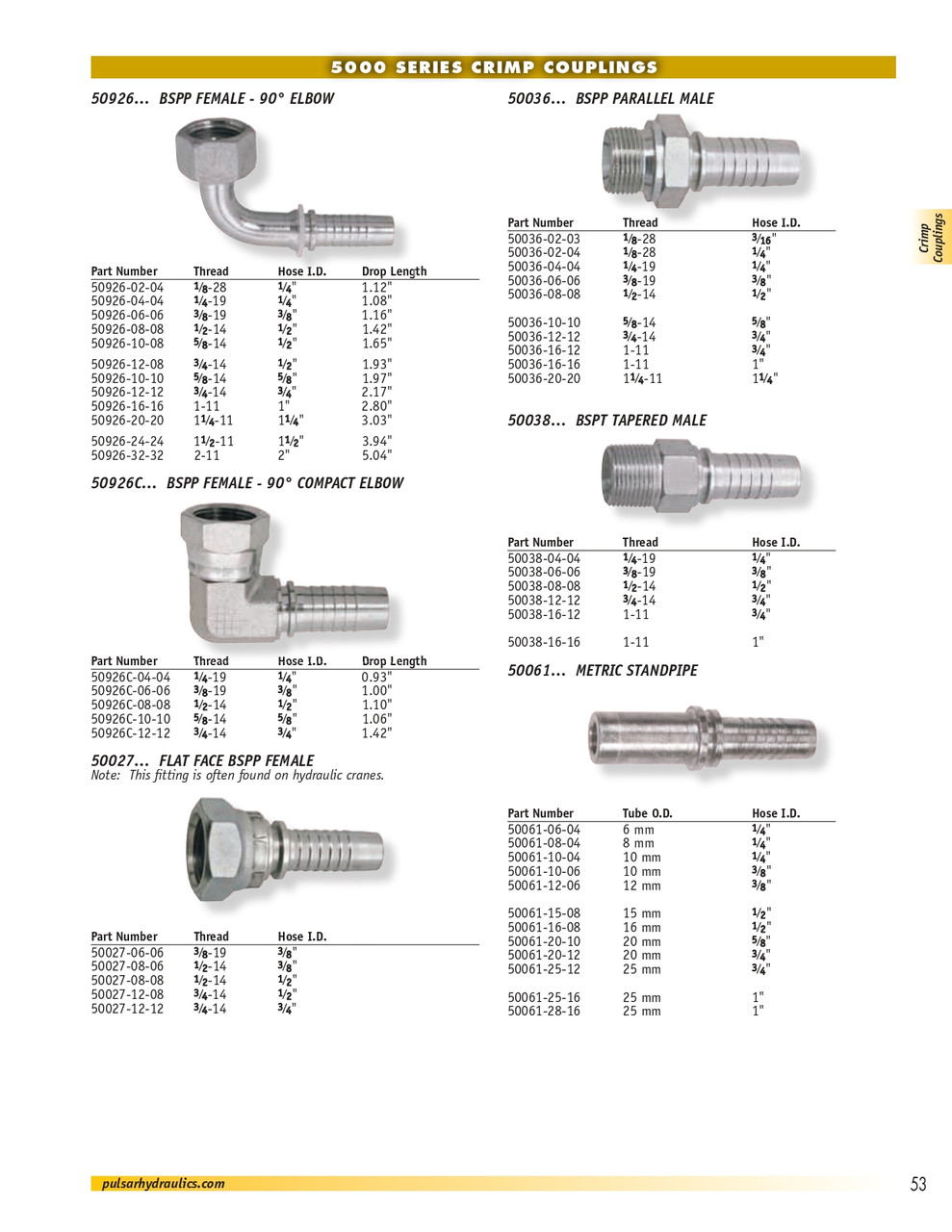 3/8 x 3/8" Pulsar 5000 Series Hose Crimp - Compact Female BSPP Swivel 90° Elbow  50926C-06-06