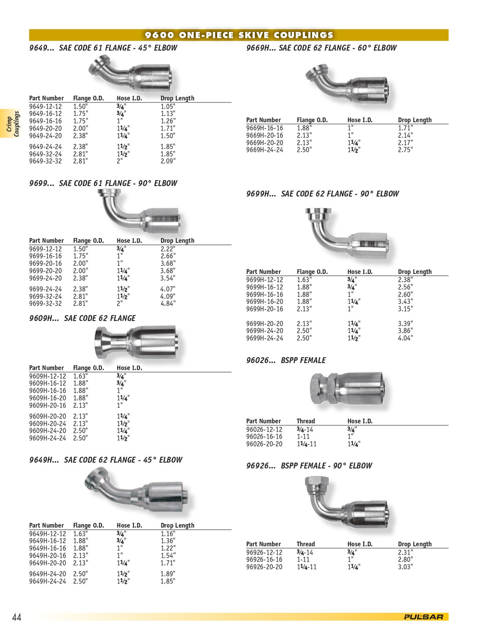 1-1/2 x 2" (2.81" Flange) Pulsar 9600 Series Hose Crimp - Code 61 Flange 90° Elbow  9699-32-24