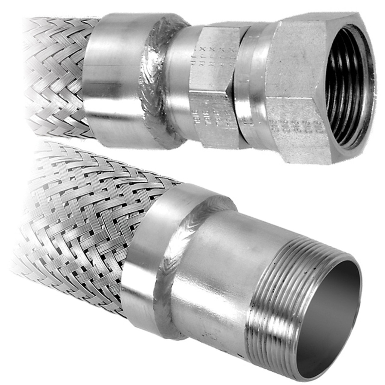 1-1/2 x 1-1/2" x 12" Stainless Steel Hose Assembly w/ Female JIC - Male Plain NPT Ends   G521-150JM-12