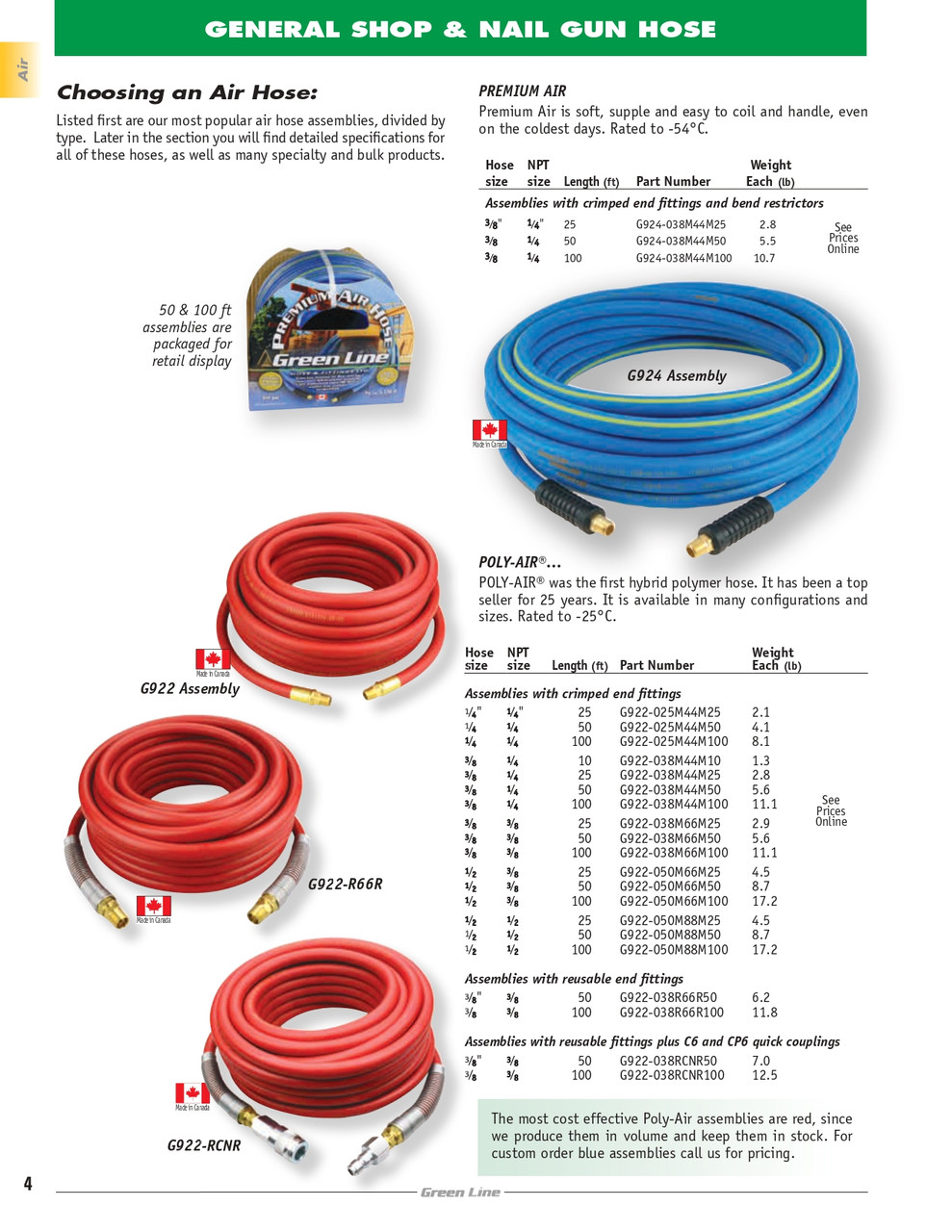 3/8 x 1/4" x 25' Premium Air Hose Assembly w/ Bend Restrictors   G924-038M44M25