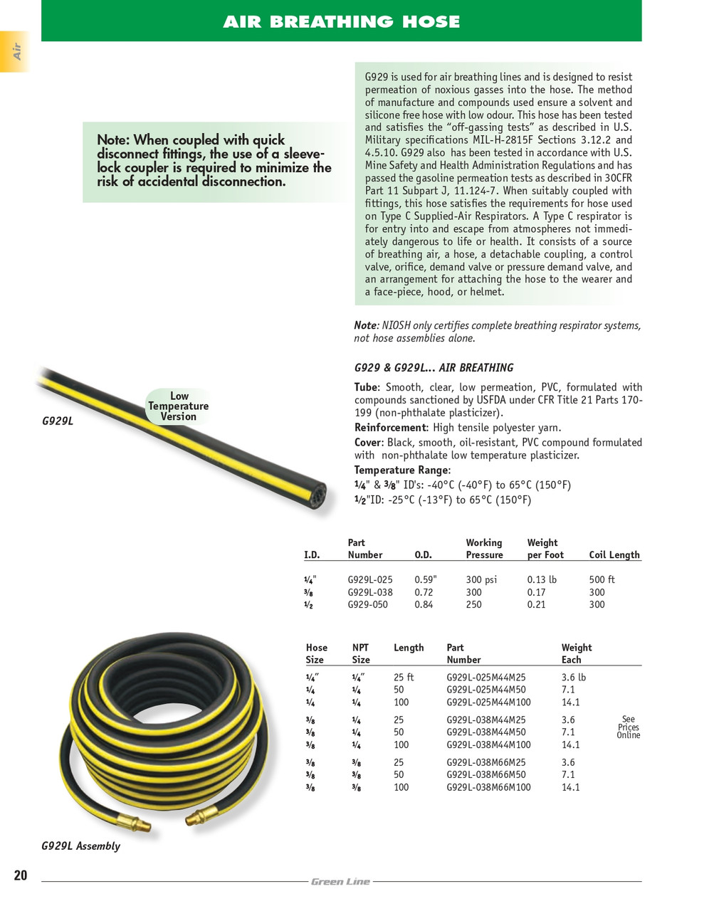 1/4 x 1/4" x 25' Low Temp Air Breathing Hose Assembly   G929L-025M44M25