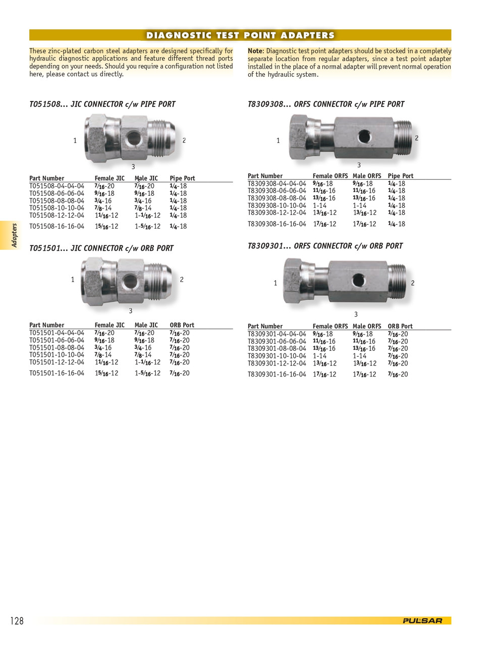 9/16"-18 x 9/16"-18 x 7/16"-20 Steel Female ORFS - Male ORFS - Female ORB Test Point  T8309301-04-04-04