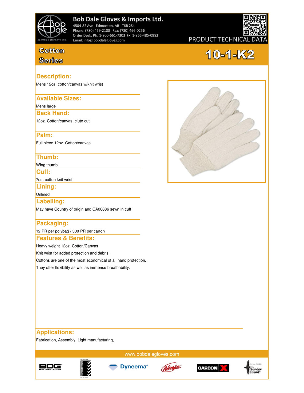 Cotton Canvas 12 oz. Knitwrist Glove  10-1-K2