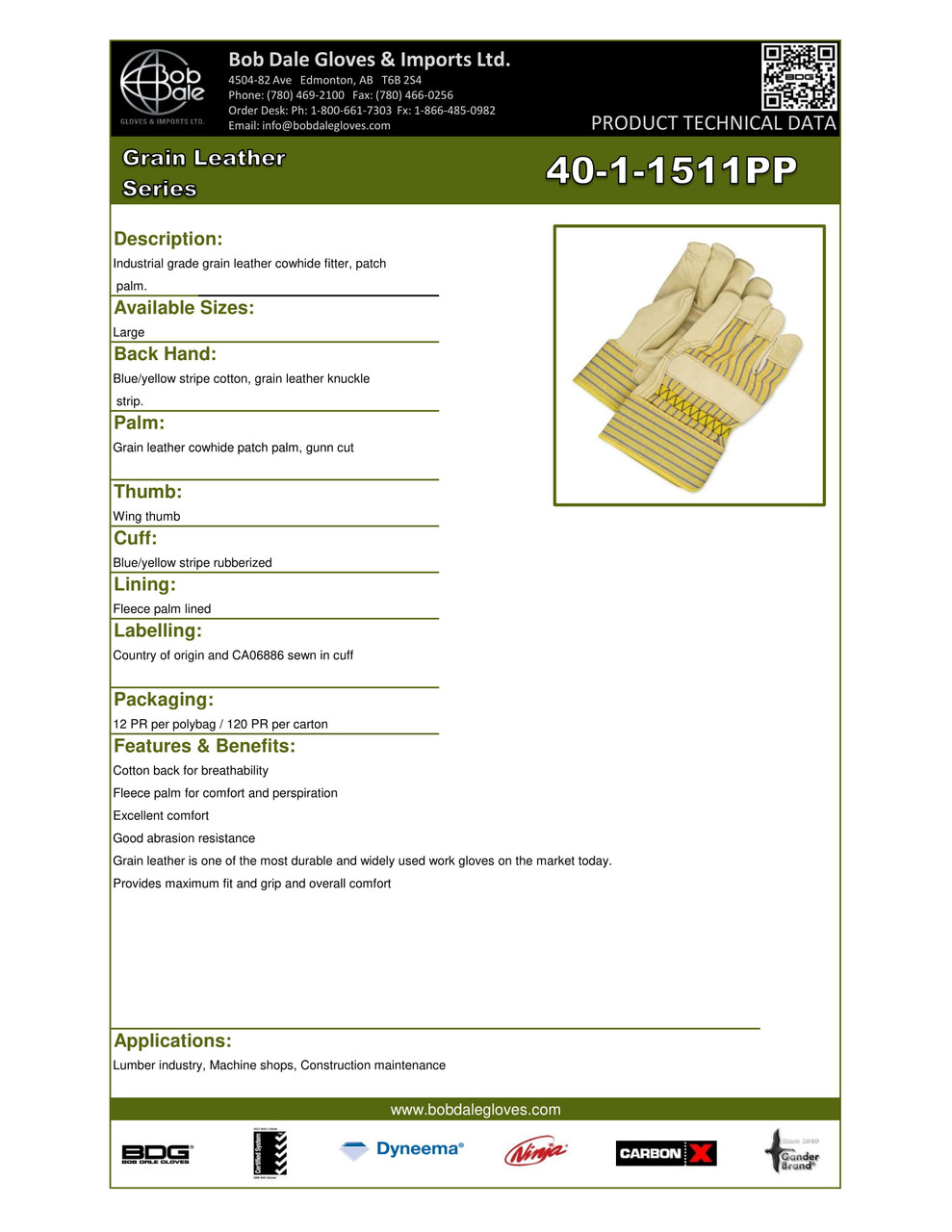 Grain Cowhide Canvasback Fitter Fleece Lined Yellow/Blue Stripe Patch Palm  40-1-1511PP