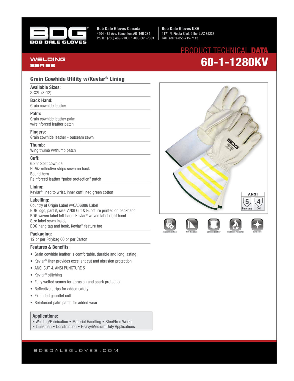 Grain Cowhide Weld Glove Kevlar® Lined w/6.25" Split Cowhide Hi-Viz Gauntlet  60-1-1280KV