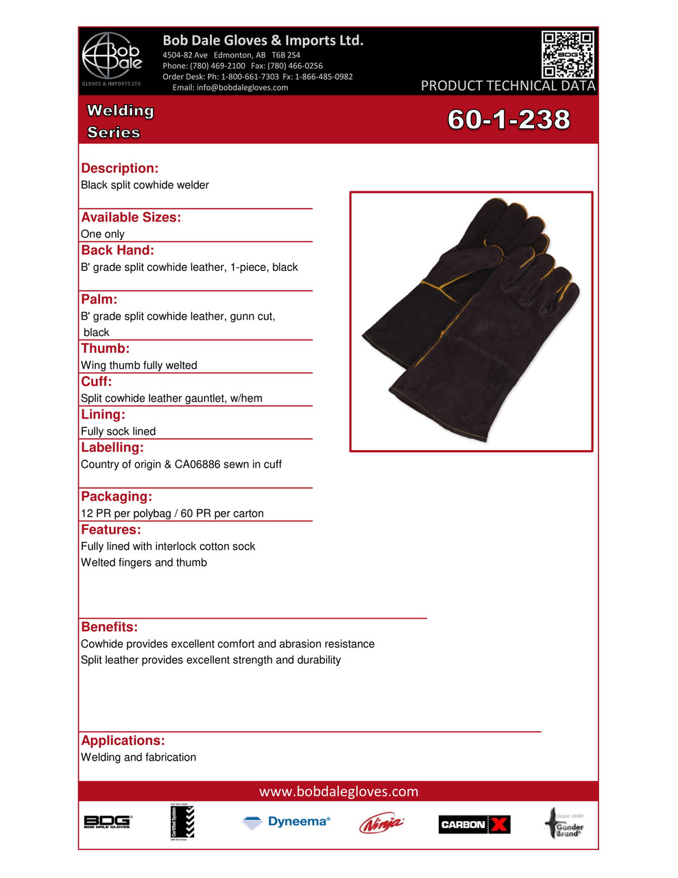 Split Cowhide Weld Gauntlet Fleece Lined Black  60-1-238