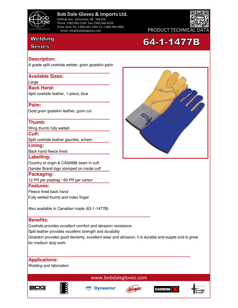 Grain Goatskin Tig Weld Glove Fleece Lined Backhand w/5" Split Cowhide Gauntlet Blue/Gold  64-1-1477B