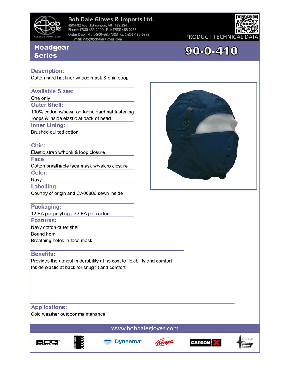 Hard Hat Liner Navy Quilted Cotton w/Face Mask  90-0-410