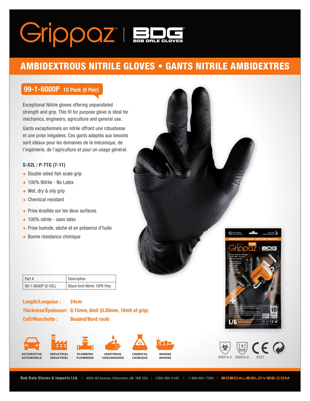 BDG® Black Grippaz Nitrile Glove (10 Pack)  99-1-6000P