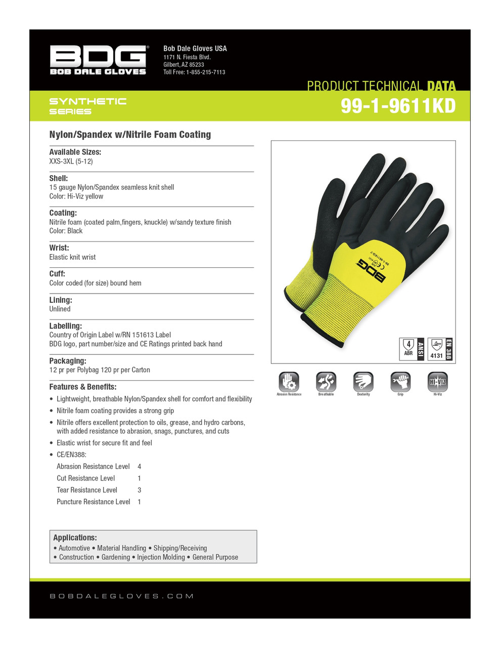 BDG® Seamless Nylon Knit Foam Palm Hi-Viz Yellow  99-1-9611KD