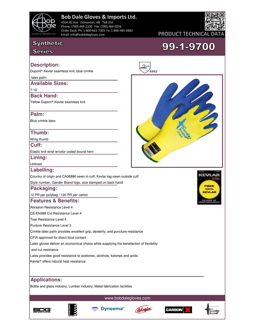 Gander® Crinkle Latex Coated Kevlar® Knit Cut-Rez Glove Yellow/Blue  99-1-9700