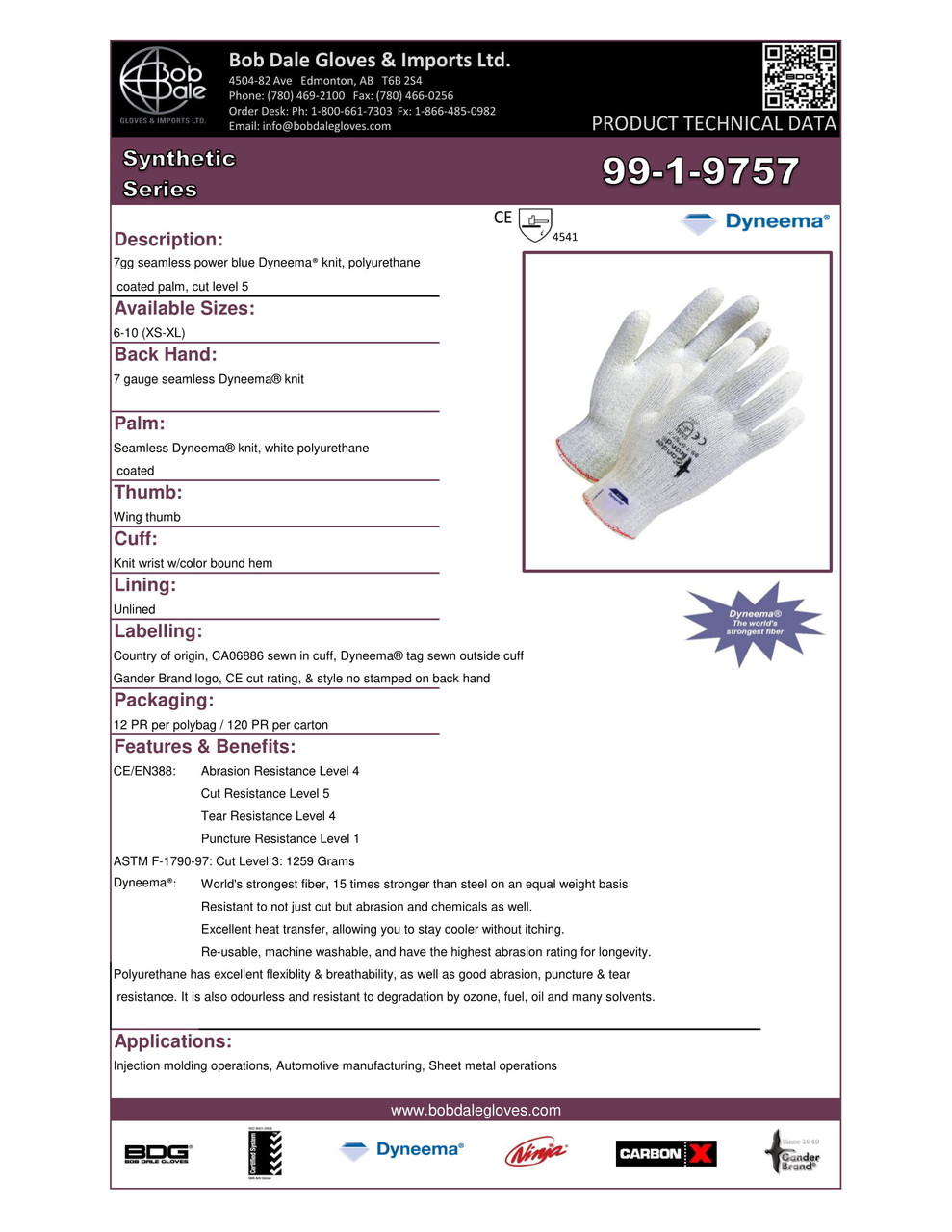 Gander® Polyurethane Coated Dyneema® Knit Cut-Rez Glove White  99-1-9757