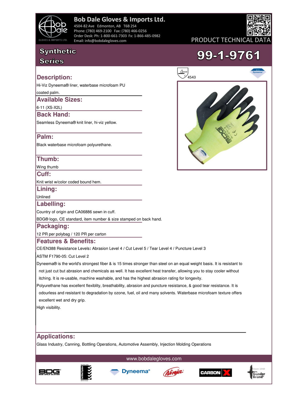 BDG® Polyurethane Coated Dyneema® Knit Cut-Rez Glove Hi-Viz Yellow  99-1-9761