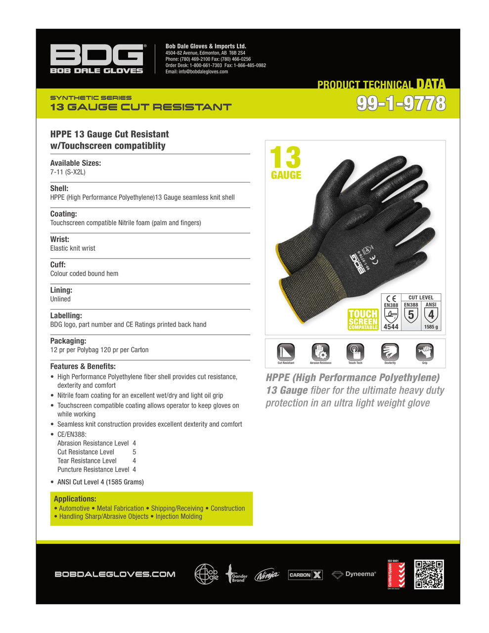 BDG® Nitrile Foam Coated HPPE Knit Cut-Rez Glove Black  99-1-9778