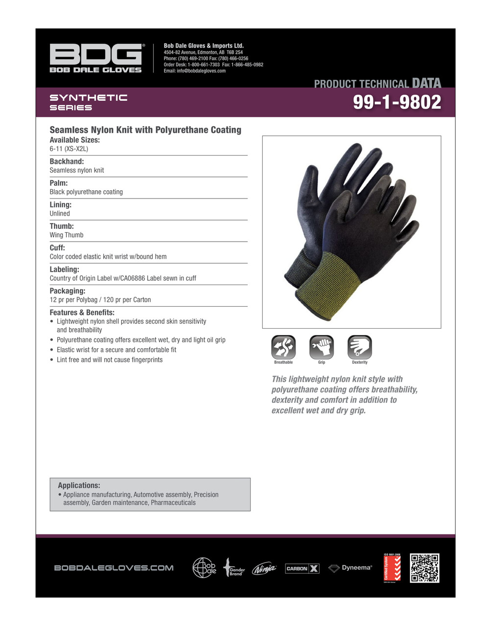 BDG® Synthetic Polyurethane Coated Nylon Knit Glove Black/Yellow Striped Wrist  99-1-9802
