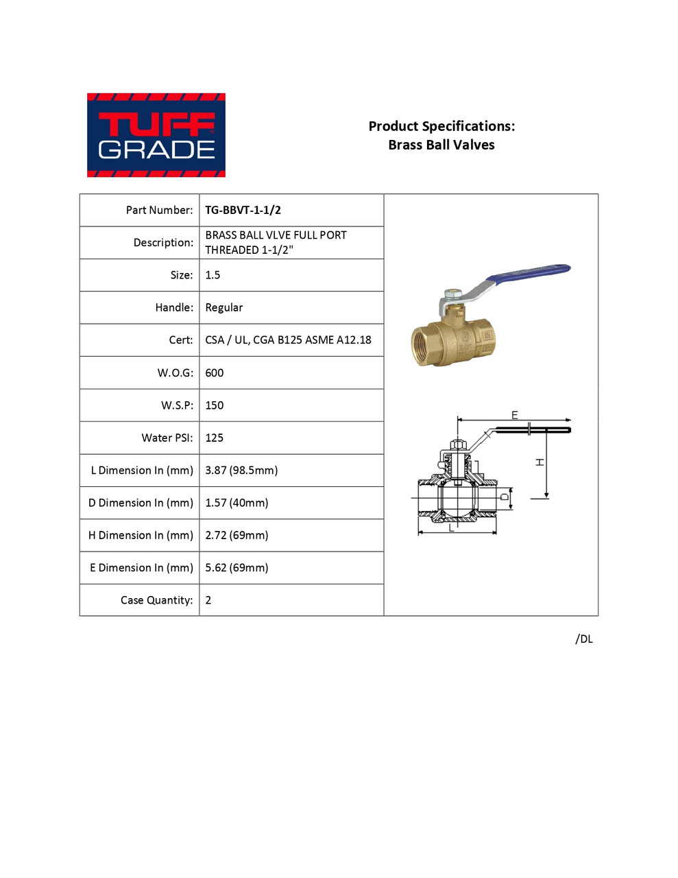 1-1/2" Forged Brass 600 PSI Female NPT Ball Valve  TG-BBVT-1-1/2