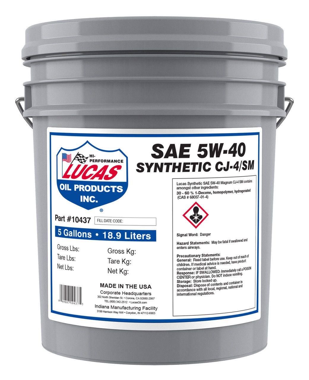 5W-40 Synthetic Motor Oil 18.9L Pail  10437