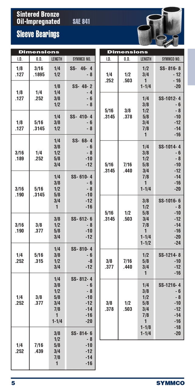 3/16 x 3/8 x 3/4" Oil-Impregnated Sintered Bronze Sleeve Bearing  SS-612-12