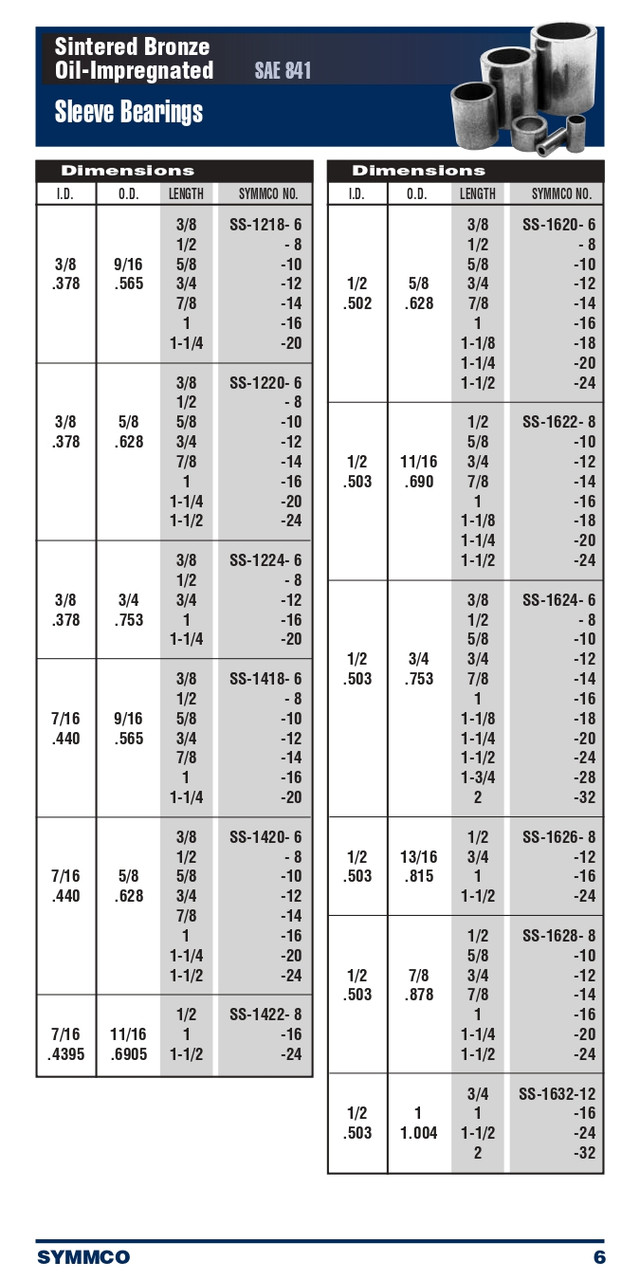 3/8 x 5/8 x 1-1/4" Oil-Impregnated Sintered Bronze Sleeve Bearing  SS-1220-20