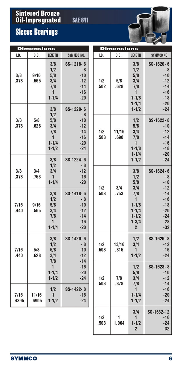 7/16 x 9/16 x 1/2" Oil-Impregnated Sintered Bronze Sleeve Bearing  SS-1418-8
