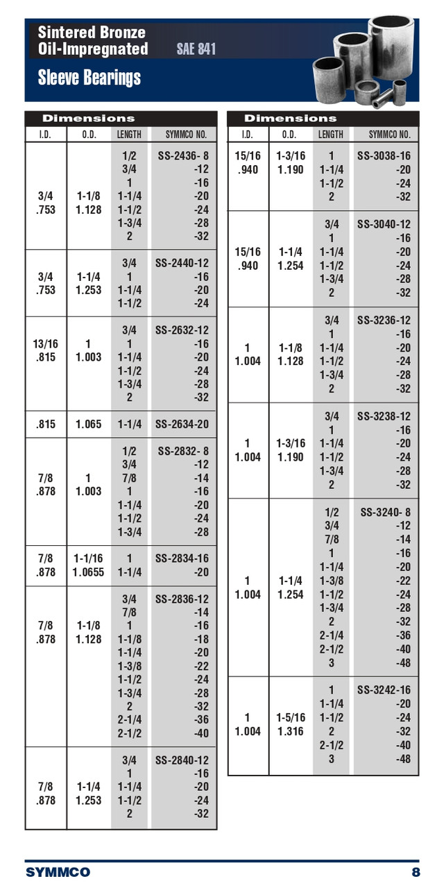 1 x 1-1/8 x 1-1/2" Oil-Impregnated Sintered Bronze Sleeve Bearing  SS-3236-24