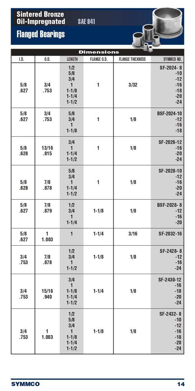 5/8 x 13/16 x 1" Oil-Impregnated Sintered Bronze Flange Bearing  SF-2026-16