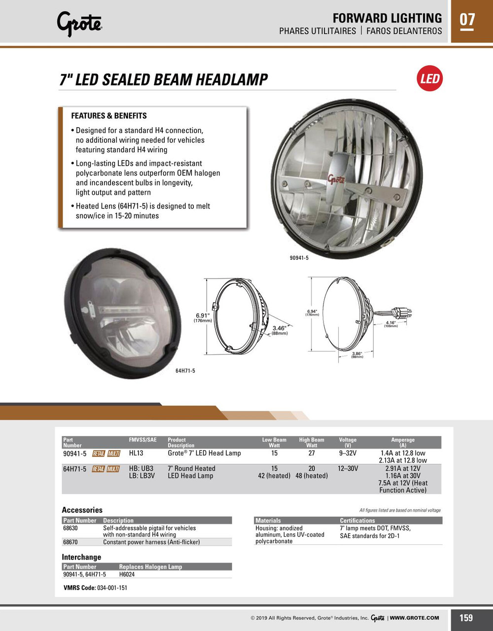7" Round Heated LED Sealed Beam Head Lamp - Retail  64H71-5