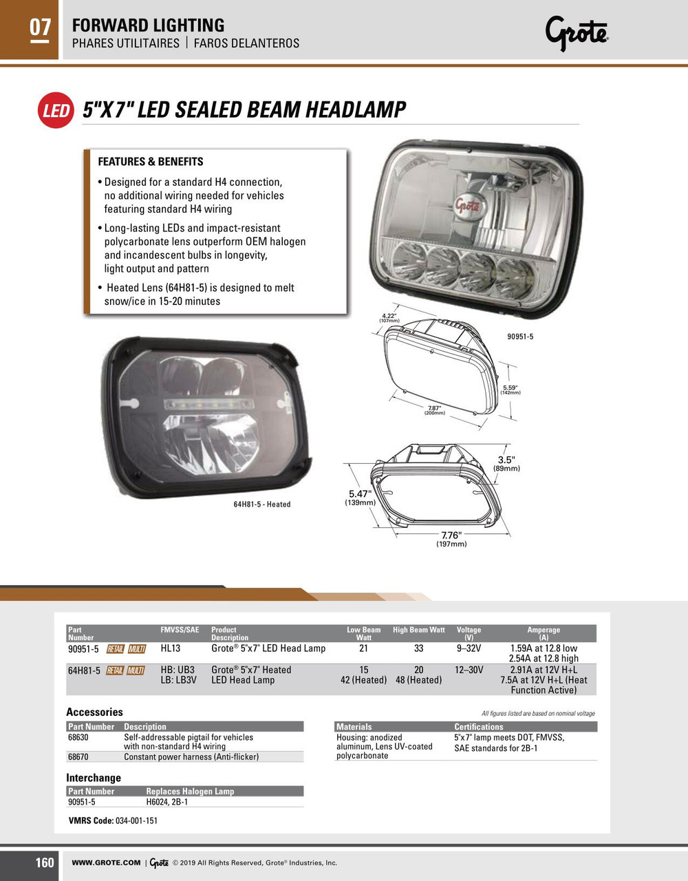 5 x 7" Heated LED Sealed Beam Head Lamp - Retail  64H81-5