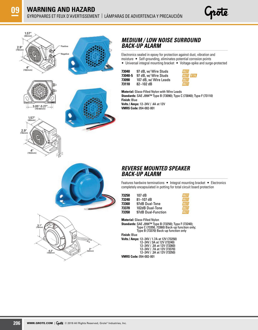 107dB @ 12/24V Reverse Mounted Speaker Backup Alarm - Blue  73250