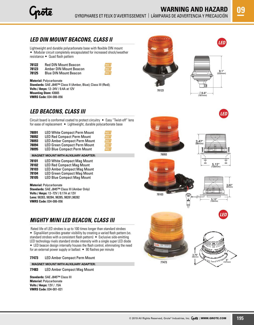 Material Handling LED Beacon Class III Permanent Mount Short Lens - Amber  78093