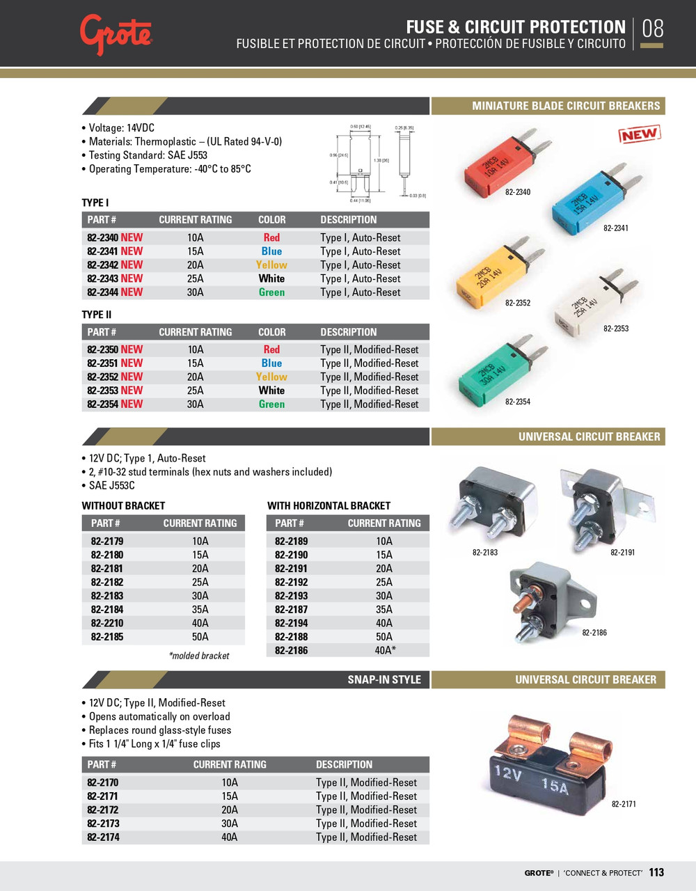 Universal Snap-In Style Circuit Breaker 15A  82-2171