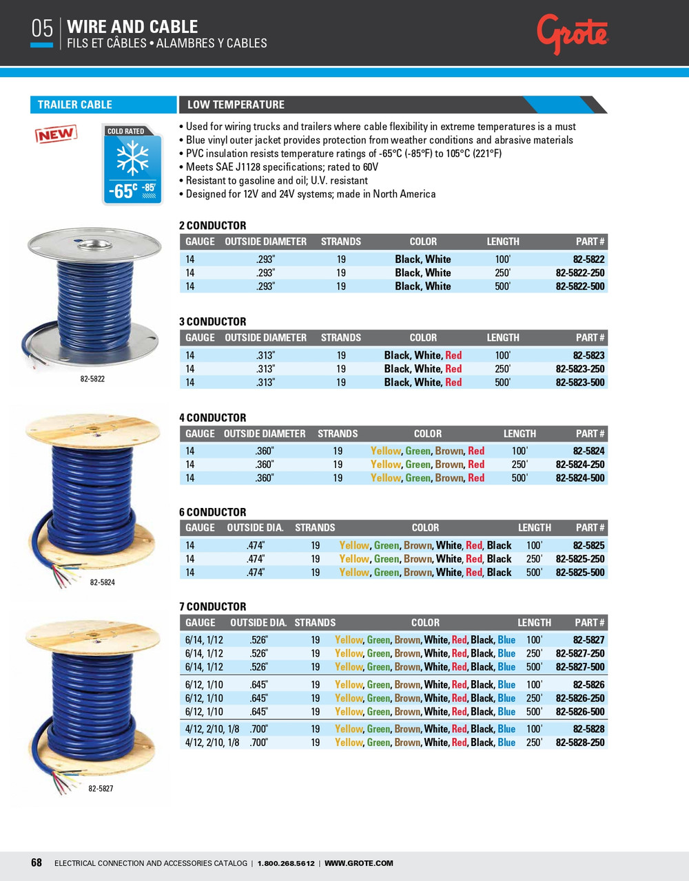 6/12 & 1/10 AWG Trailer Cable Low-Temp 7 Conductor @ 100' - Black/Blue/Brown/Green/Red/White/Yellow  82-5826