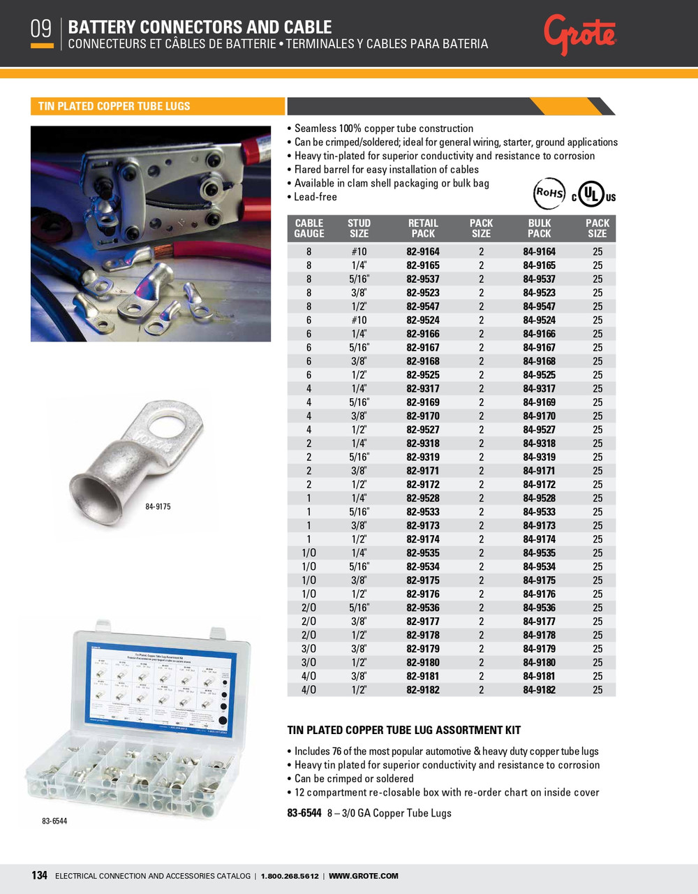 1/0 AWG Tin Plated Copper Tube Lugs 5/16" @ 2 Pack  82-9534
