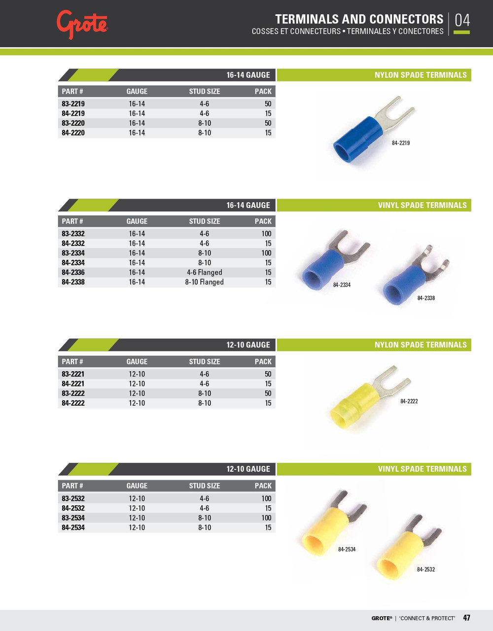 12 - 10 AWG Vinyl Spade Terminals #8 - #10 @ 100 Pack - Yellow  83-2534