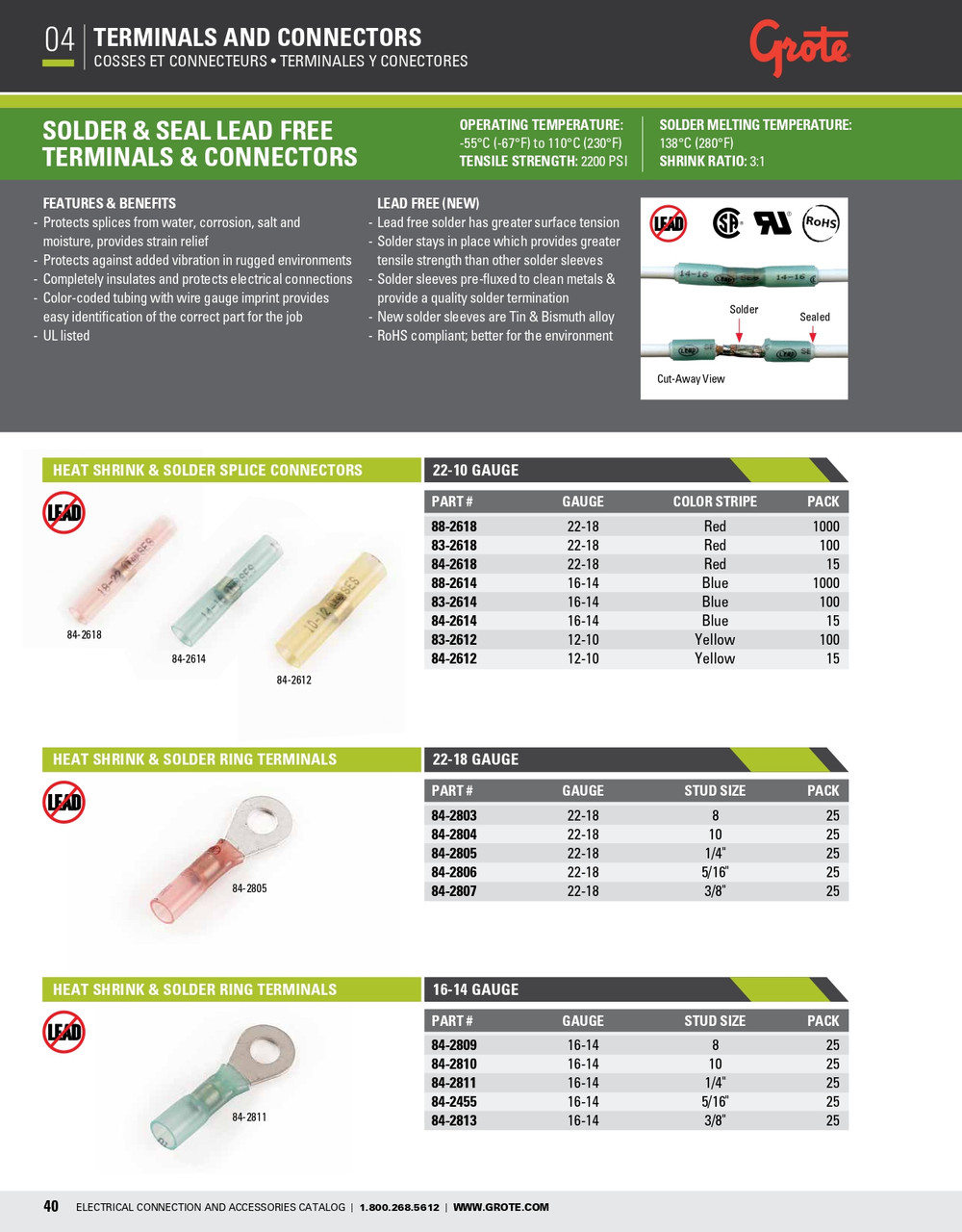 22 - 18 AWG Heat Shrink & Solder Splice Connectors @ 100 Pack - Red  83-2618