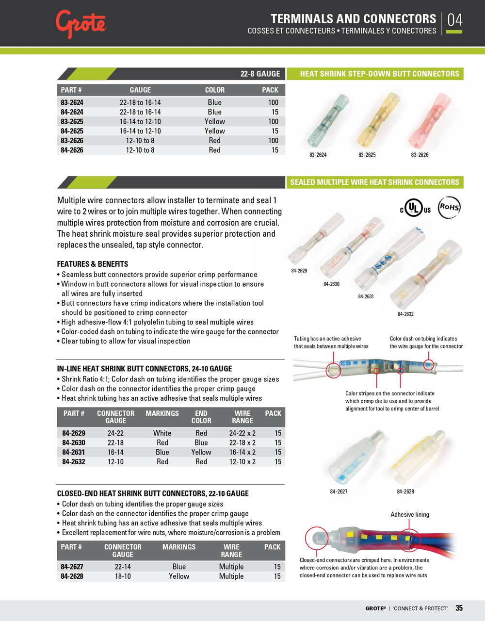 22 - 14 AWG Heat Shrinkable Step Down Butt Connectors @ 100 Pack - Blue  83-2624
