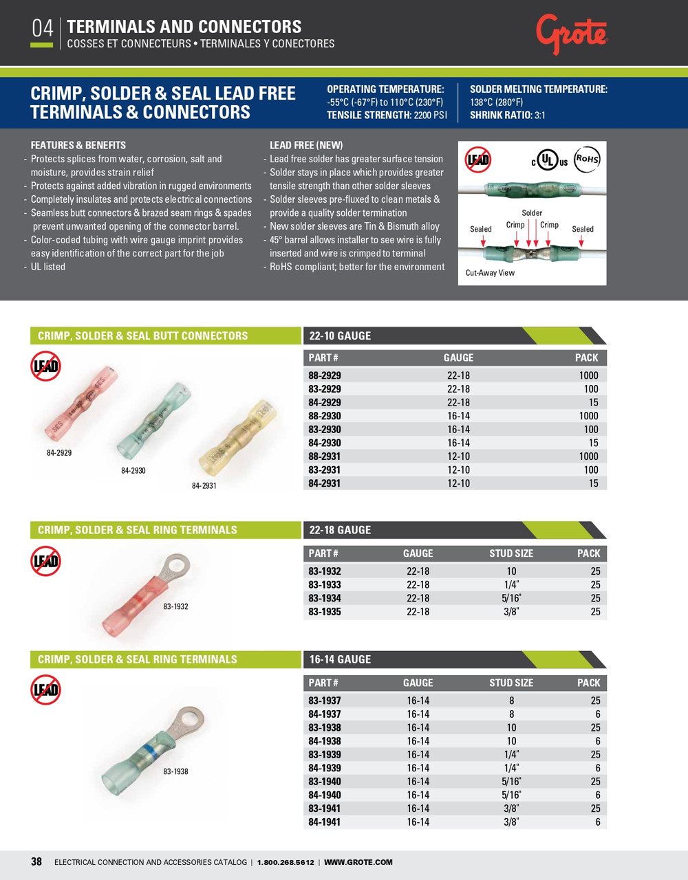 22 - 18 AWG Crimp Solder & Seal Butt Connectors @ 100 Pack - Red  83-2929