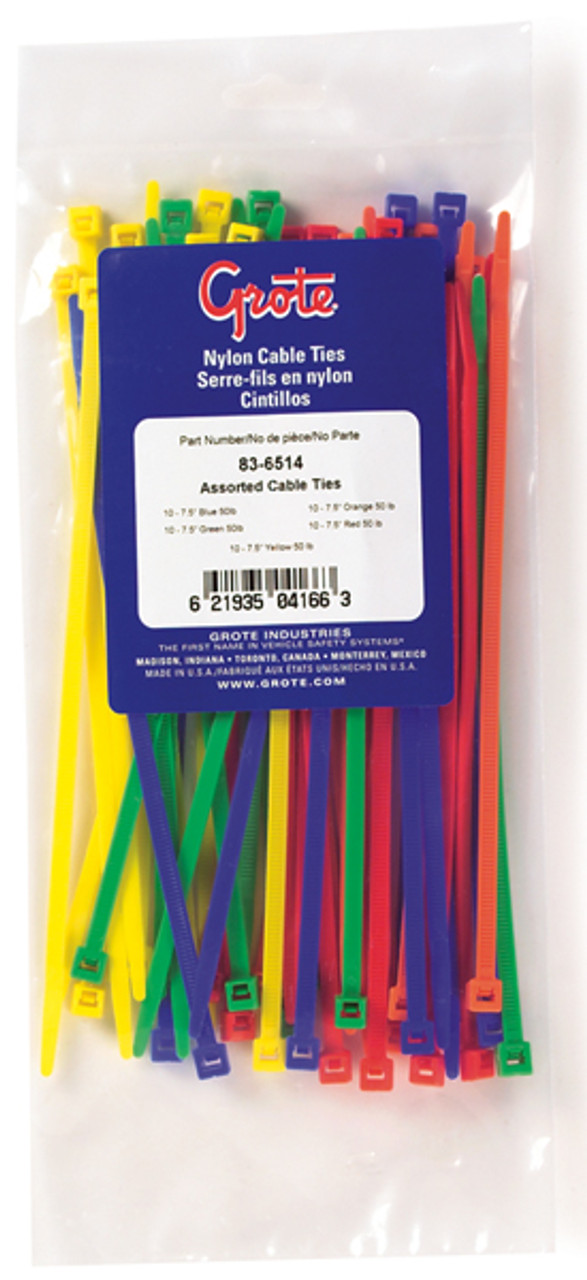 Nylon Cable Tie Assortment 50 lb 7.60" @ 50 Pack - Blue/Green/Orange/Red/Yellow  83-6514